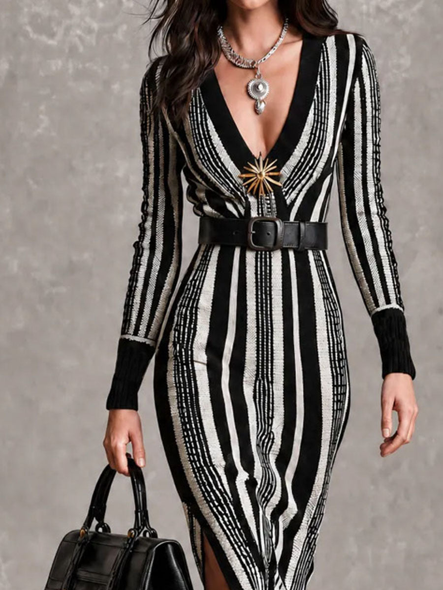 Retro Elegant Waist Belt Striped Knit Bodycon Midi Dress With Side Slit