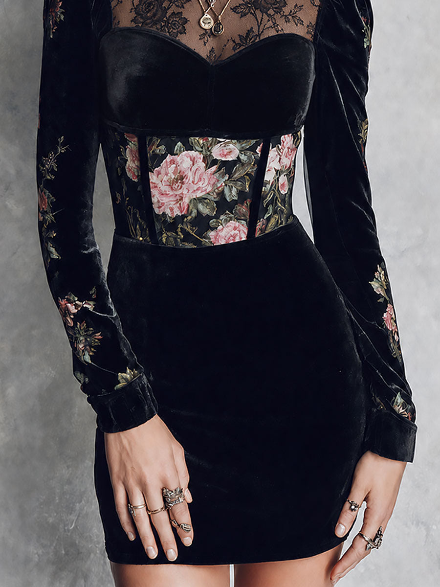 Elegant Sweetheart Neckline Lace Trim Velvet Mini Dress With Floral Print
