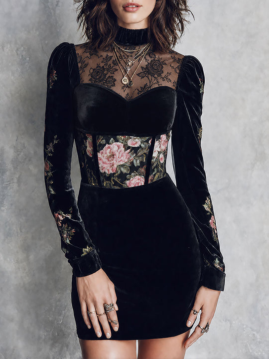 Elegant Sweetheart Neckline Lace Trim Velvet Mini Dress With Floral Print
