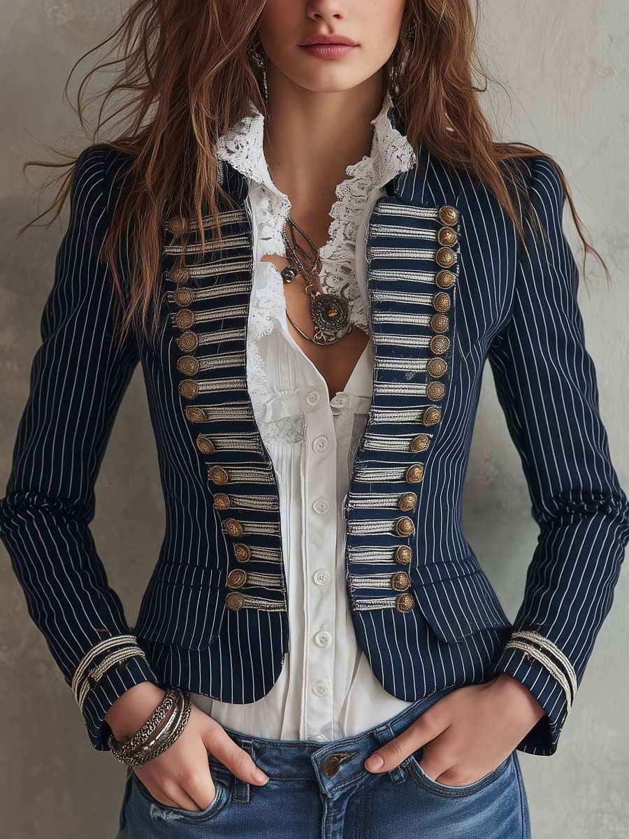 Women's Military Style Pinstripe Blazer with Braid Trim and Button Details