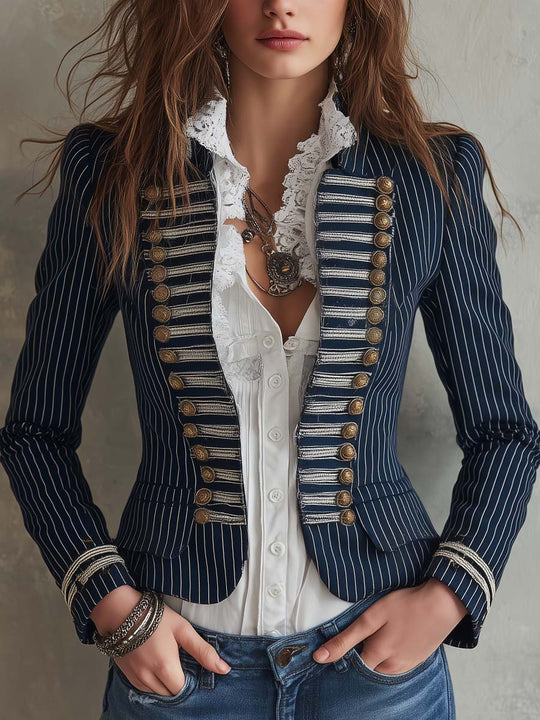 Women's Military Style Pinstripe Blazer with Braid Trim and Button Details