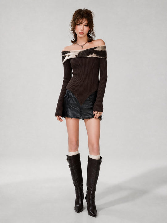 Retro Off-Shoulder Ribbed Sweater With Velvet Foldover Collar