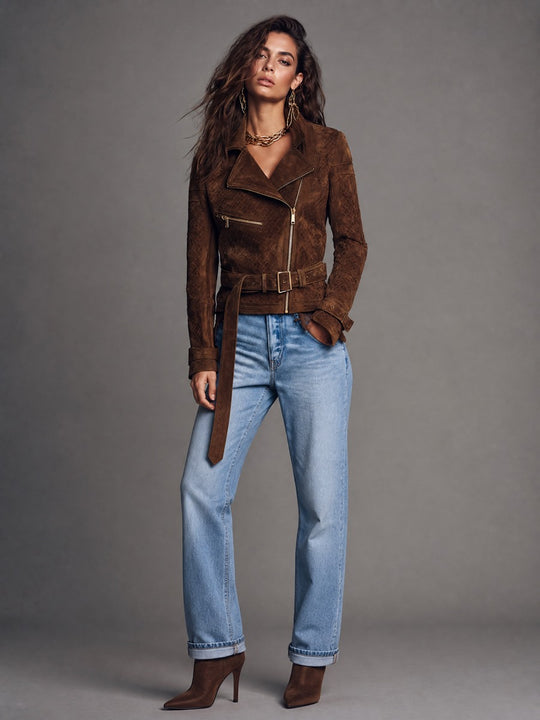 Vintage Boho Woven Embossed Suede Leather Belted Moto Jacket