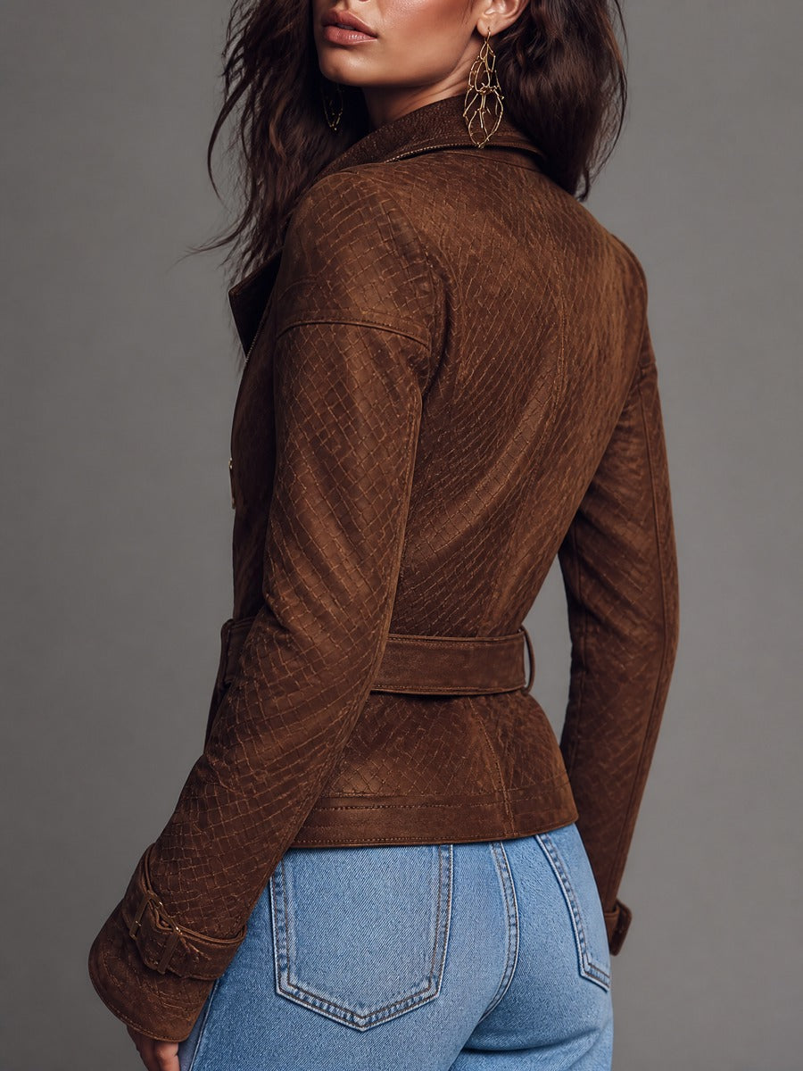 Vintage Boho Woven Embossed Suede Leather Belted Moto Jacket