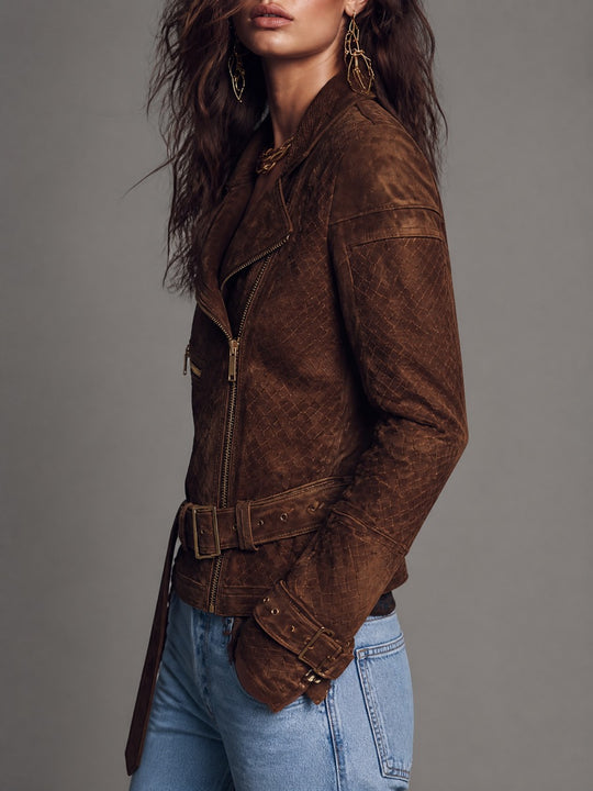 Vintage Boho Woven Embossed Suede Leather Belted Moto Jacket