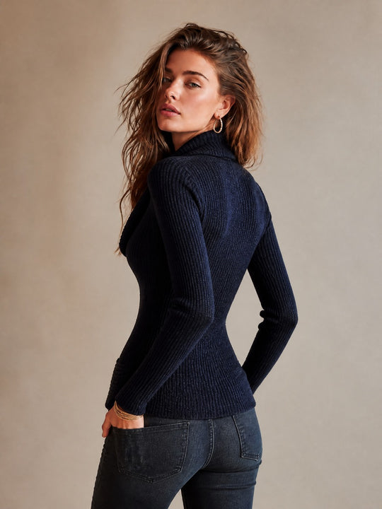 Vintage Cowl Neck Ribbed Knit Button-Down Sweater with Pockets