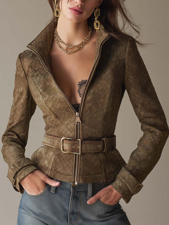 Vintage Boho Woven Embossed Suede Leather Jacket