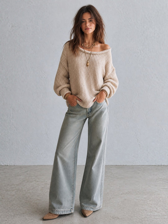 Women's Off-Shoulder Chunky Knit Sweater Oversized Long Sleeve Pullover