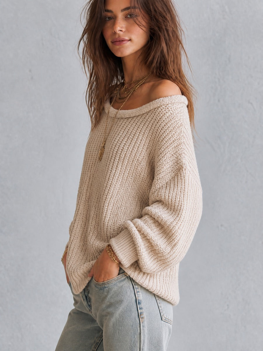 Women's Off-Shoulder Chunky Knit Sweater Oversized Long Sleeve Pullover