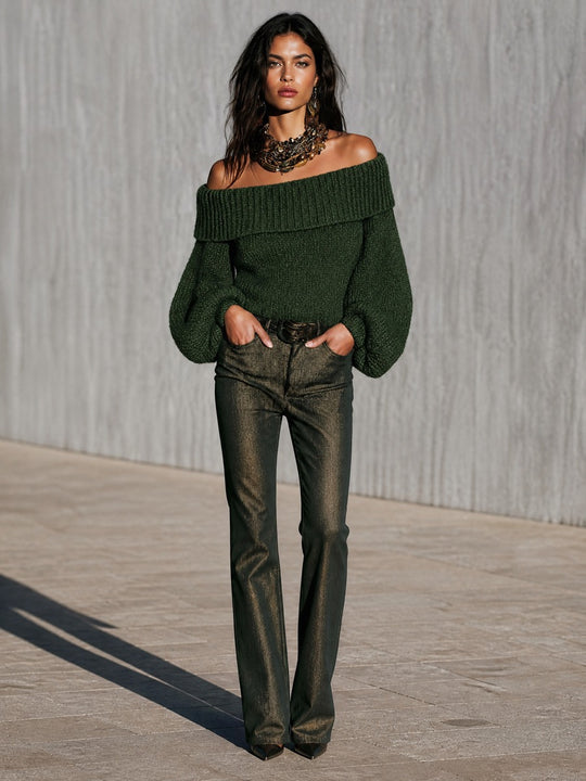 Women's Off-Shoulder Chunky Knit Sweater with Lantern Sleeves