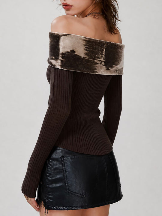 Retro Off-Shoulder Ribbed Sweater With Velvet Foldover Collar