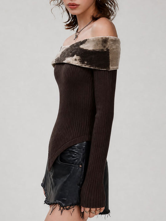 Retro Off-Shoulder Ribbed Sweater With Velvet Foldover Collar