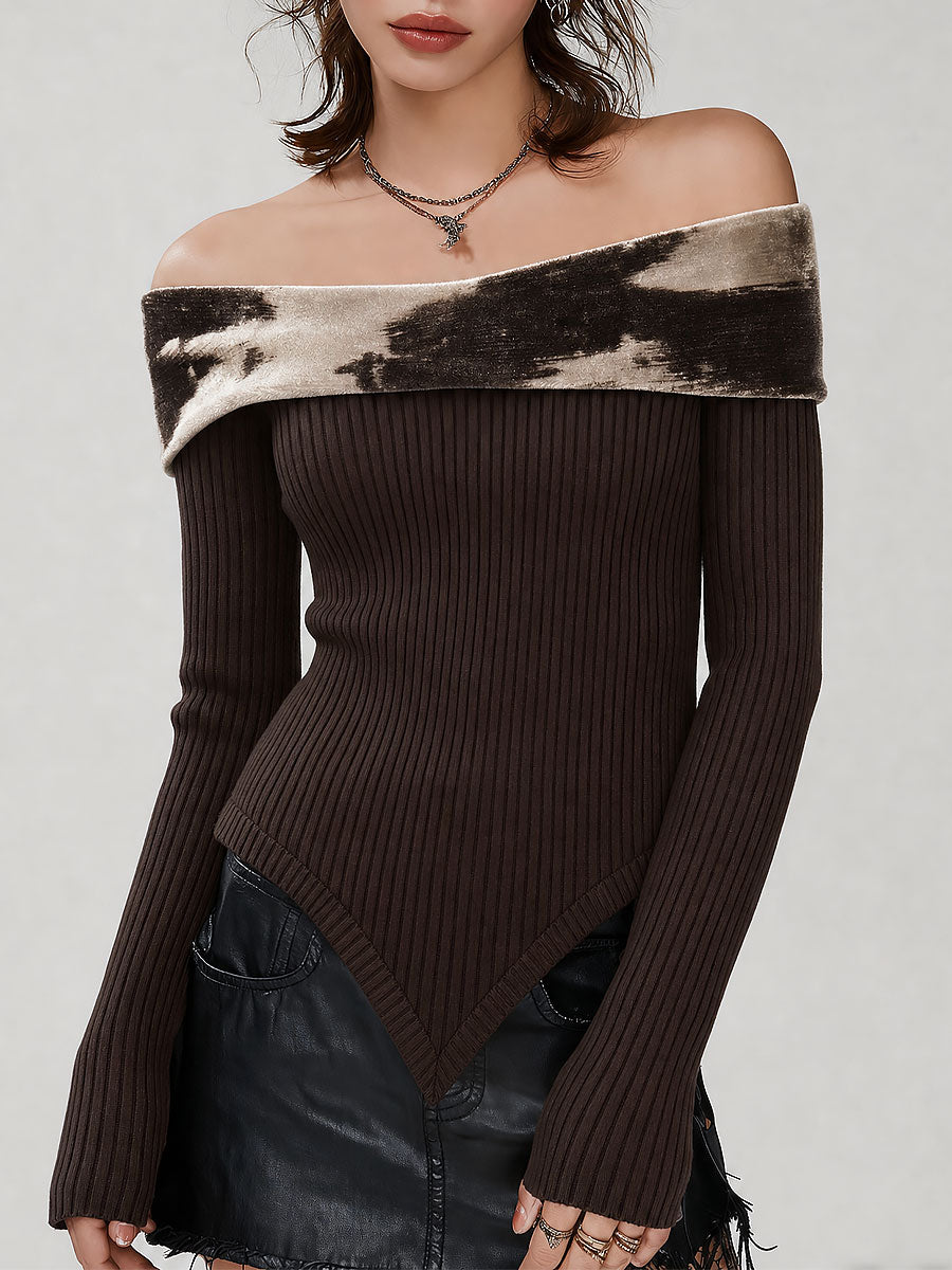 Retro Off-Shoulder Ribbed Sweater With Velvet Foldover Collar