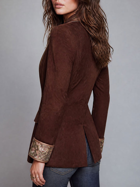 Retro Suede Blazer with Floral Print Contrast Lapel & Cuffs