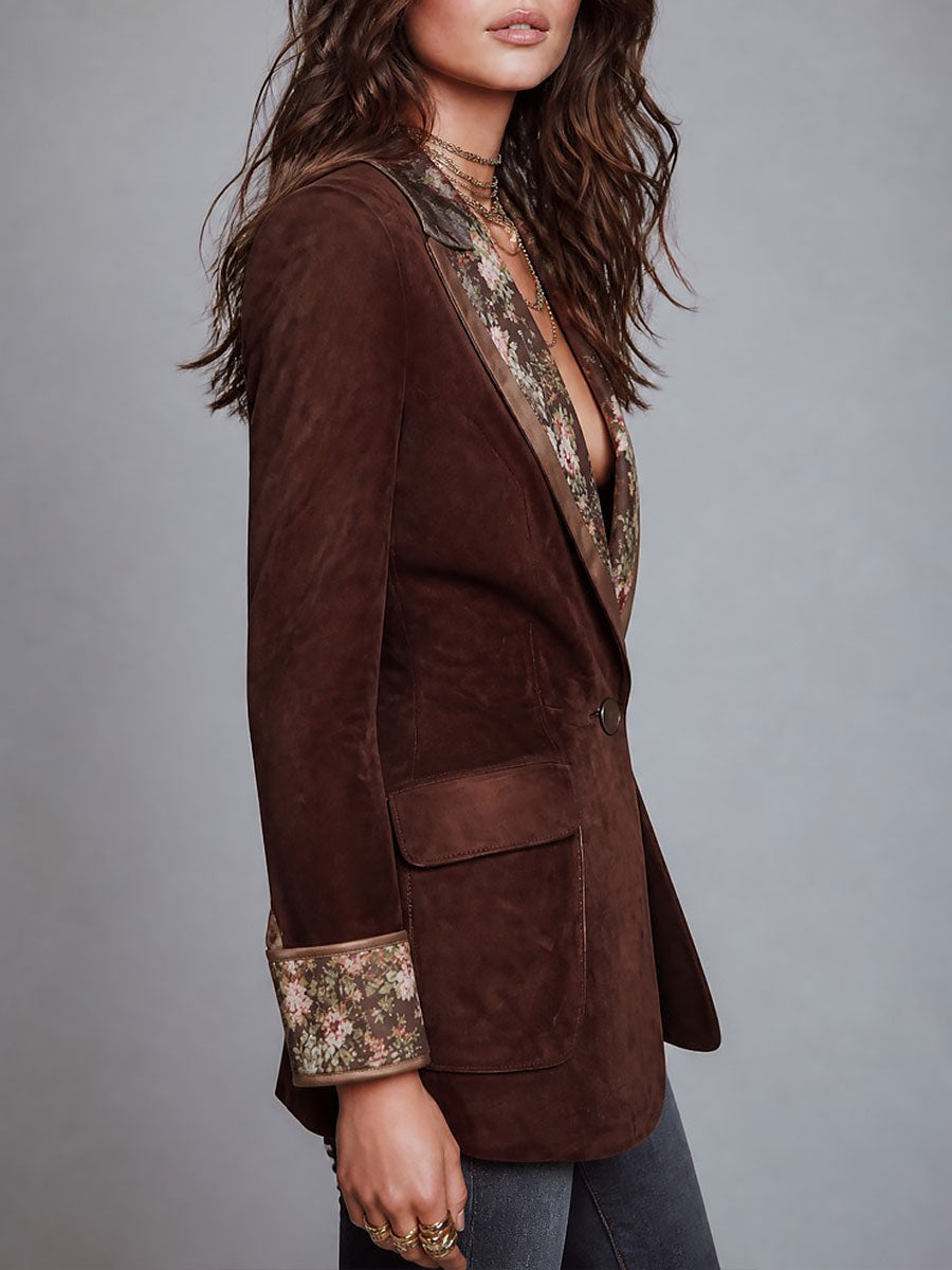 Retro Suede Blazer with Floral Print Contrast Lapel & Cuffs