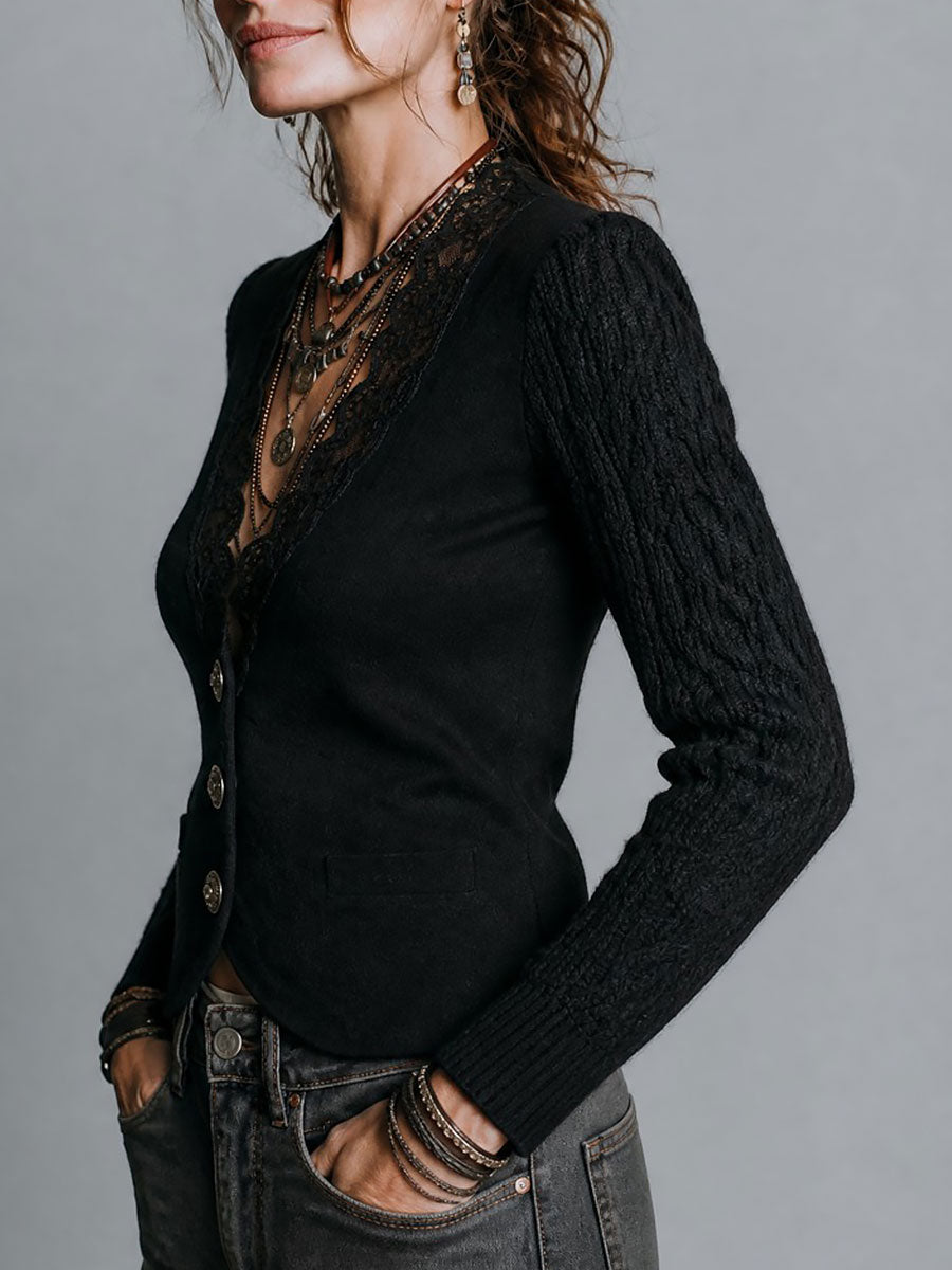 Boho Lace-Trim Cable Knit Sleeve Wool-blend Blazer With Metal Buttons