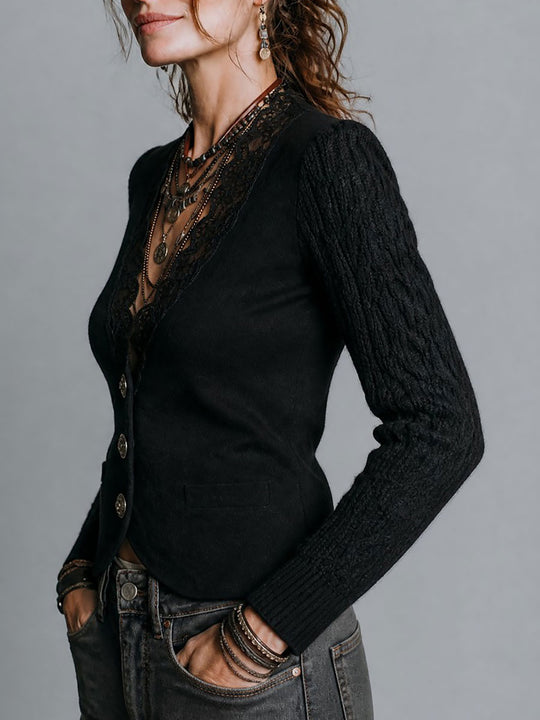 Boho Lace-Trim Cable Knit Sleeve Wool-blend Blazer With Metal Buttons