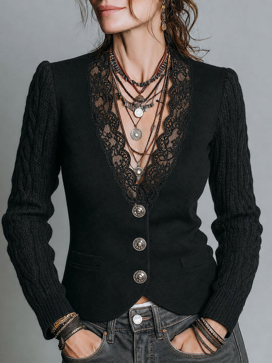 Boho Lace-Trim Cable Knit Sleeve Wool-blend Blazer With Metal Buttons