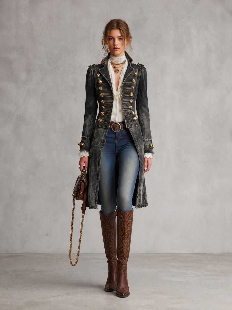 Women's Military Style Washed Denim Long Coat with Gold Buttons