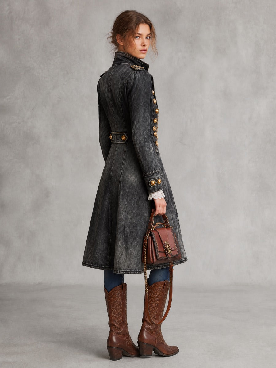 Women's Military Style Washed Denim Long Coat with Gold Buttons