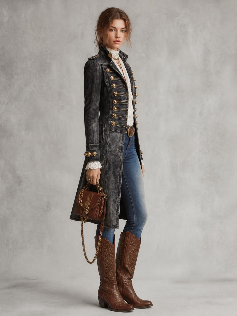 Women's Military Style Washed Denim Long Coat with Gold Buttons