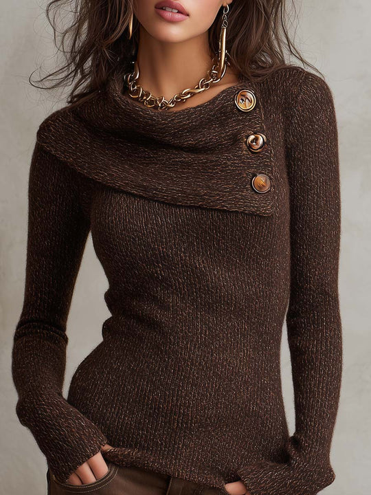 Vintage Cowl Neck Button Detail Knit Sweater Long Sleeve Slim Fit Top
