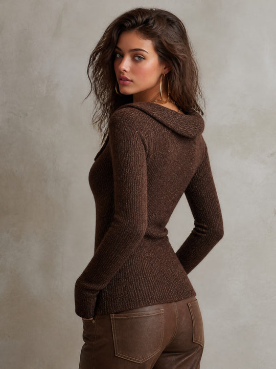 Vintage Cowl Neck Button Detail Knit Sweater Long Sleeve Slim Fit Top