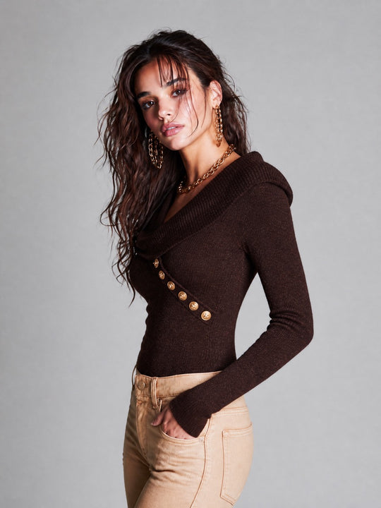 Vintage Ribbed Knit V-Neck Long Sleeve Sweater with Gold Button Detail