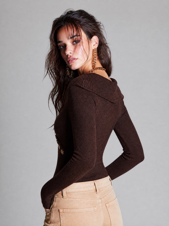 Vintage Ribbed Knit V-Neck Long Sleeve Sweater with Gold Button Detail