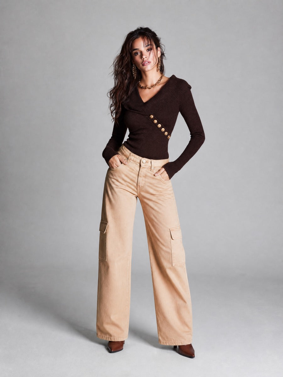 Vintage Ribbed Knit V-Neck Long Sleeve Sweater with Gold Button Detail