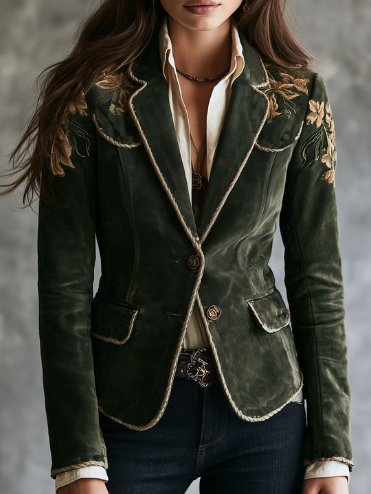 Boho Retro Floral Embroidered Microsuede Blazer With Rope Piping Trim