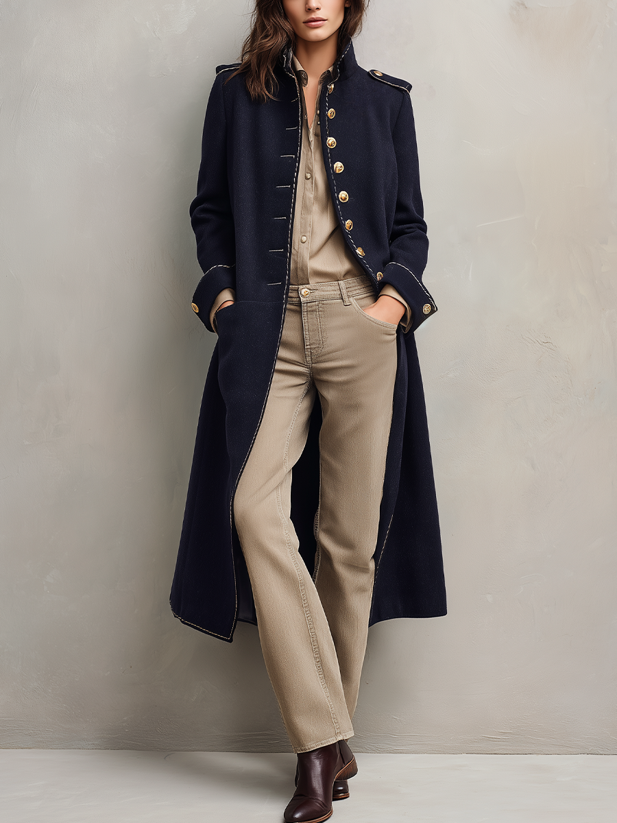 Classic Navy Military Button Long Coat