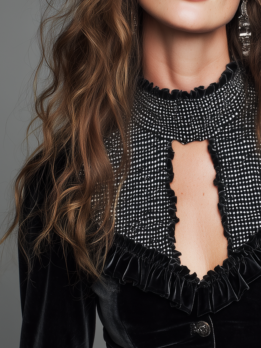 Romantic Black Velvet Ruffle Cutout Blouse