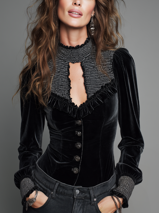 Romantic Black Velvet Ruffle Cutout Blouse