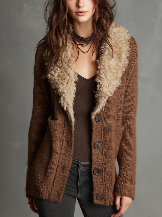 Cozy Brown Faux Fur Collar Knit Cardigan