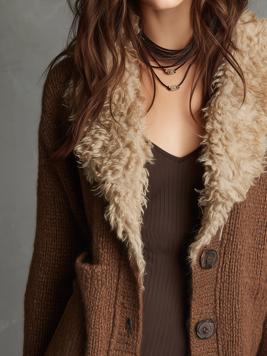 Cozy Brown Faux Fur Collar Knit Cardigan