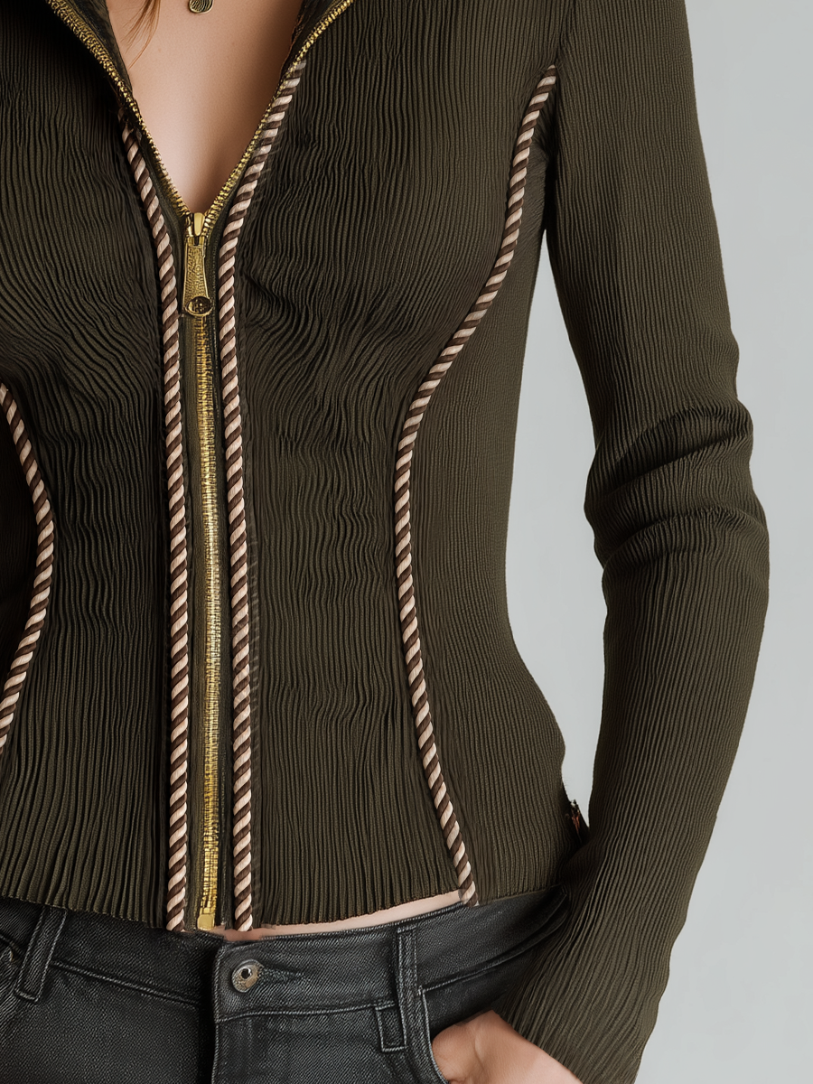 Vintage Olive Green Contrast Trim Zip-Up Blouse