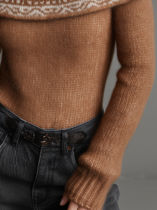 Soft Camel Fair Isle Off-Shoulder Knit Sweater
