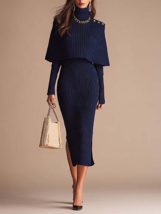 Ribbed Knit Turtleneck Midi Dress with Cape Overlay