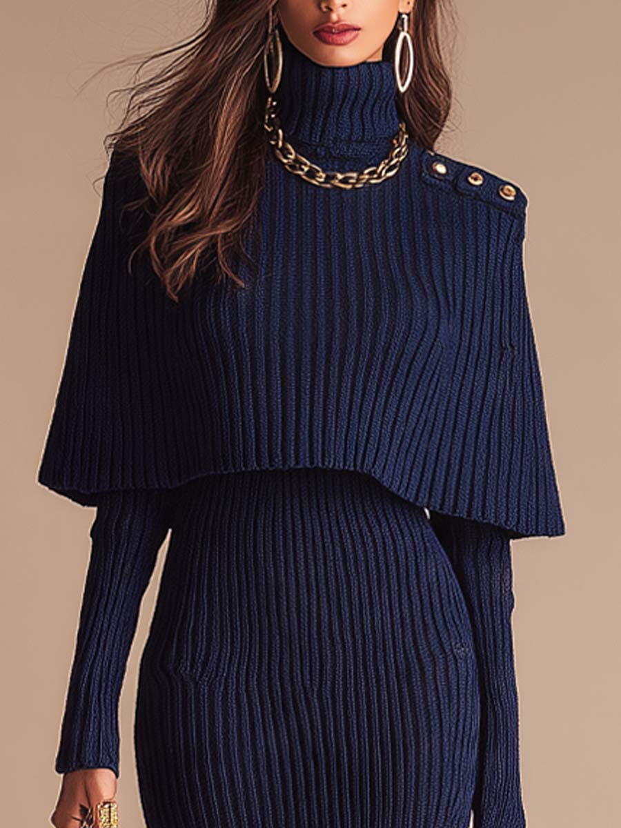 Ribbed Knit Turtleneck Midi Dress with Cape Overlay