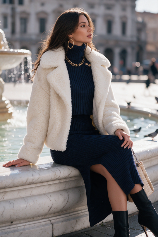 Ribbed Knit Turtleneck Midi Dress with Cape Overlay