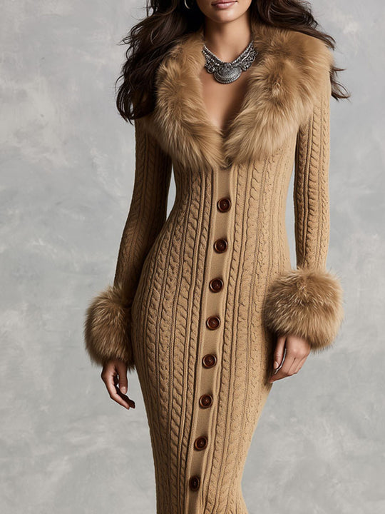 Retro Camel Faux Fur Collar & Cuffs Knit Sweater Midi Dress