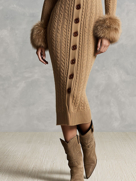 Retro Camel Faux Fur Collar & Cuffs Knit Sweater Midi Dress