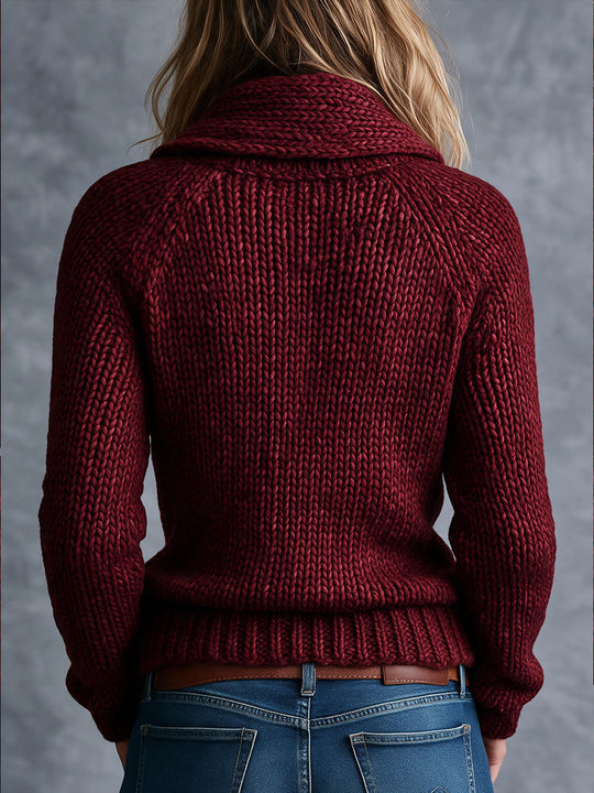 Vintage Burgundy Chunky Knit Shawl Collar Half Button Sweater