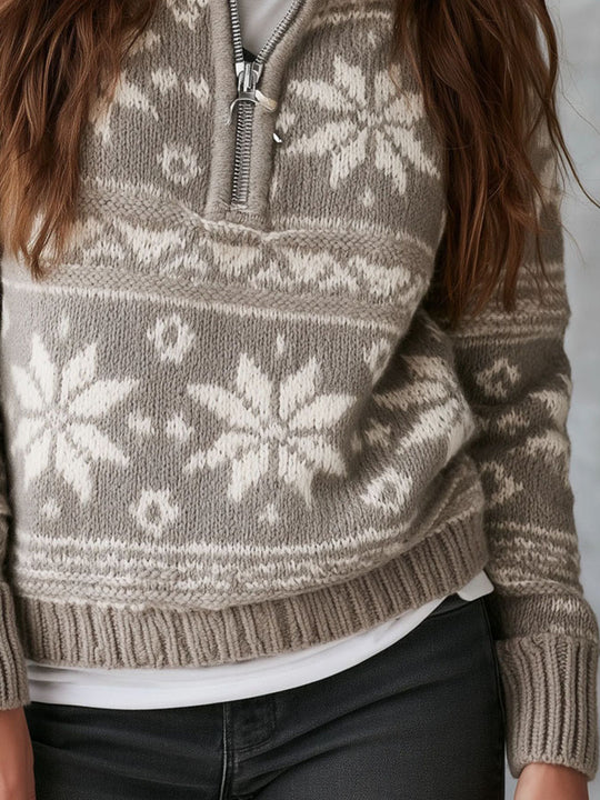 Boho Heather Grey Snowflake Pattern Knit Half Zip Turtleneck Sweater