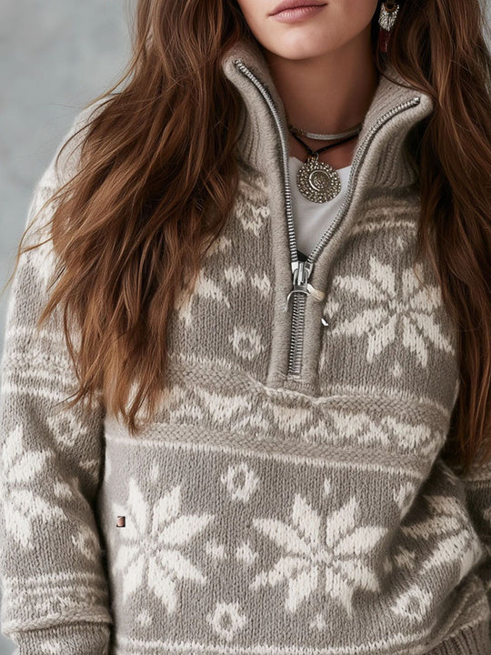 Boho Heather Grey Snowflake Pattern Knit Half Zip Turtleneck Sweater