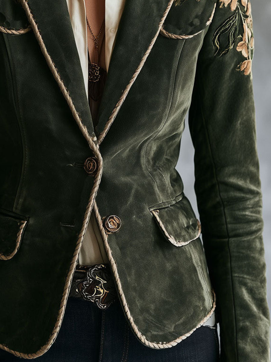 Boho Retro Floral Embroidered Microsuede Blazer With Rope Piping Trim