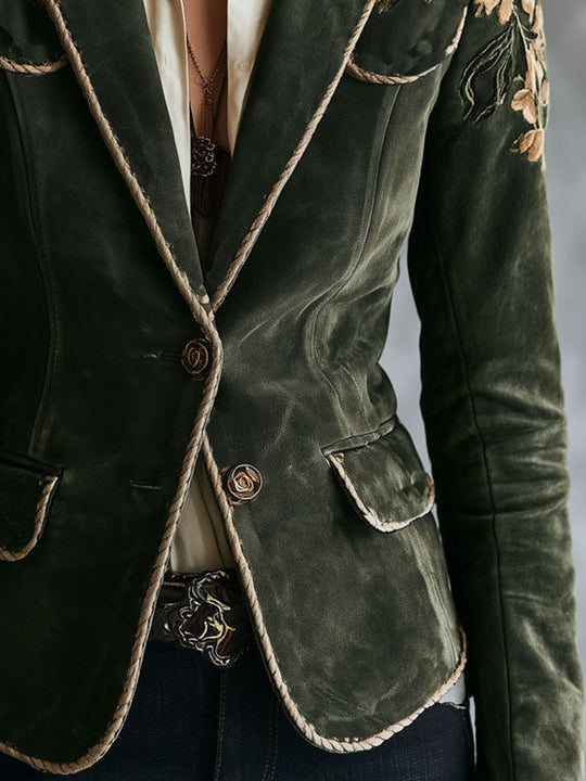 Boho Retro Floral Embroidered Microsuede Blazer With Rope Piping Trim