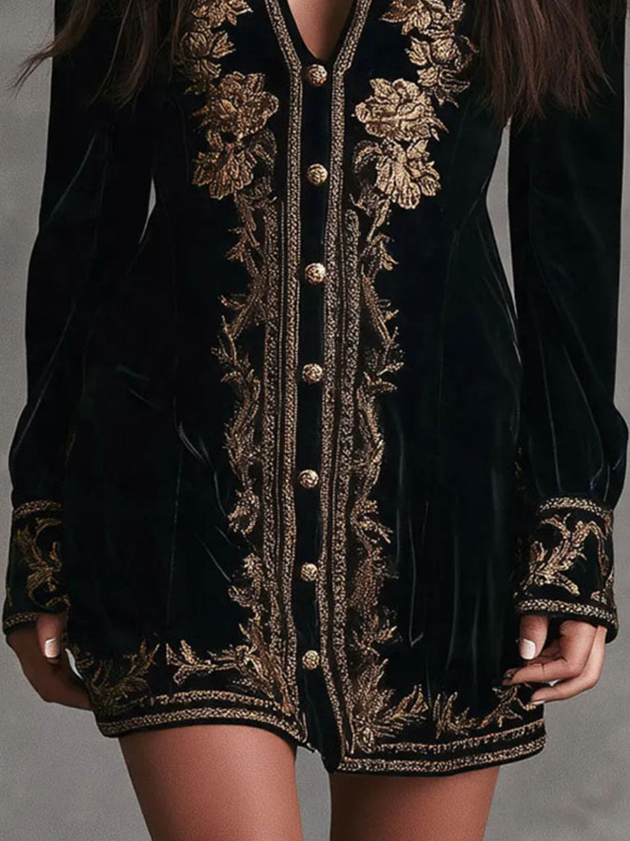 Boho Retro Gold Embroidered Velvet Mini Dress