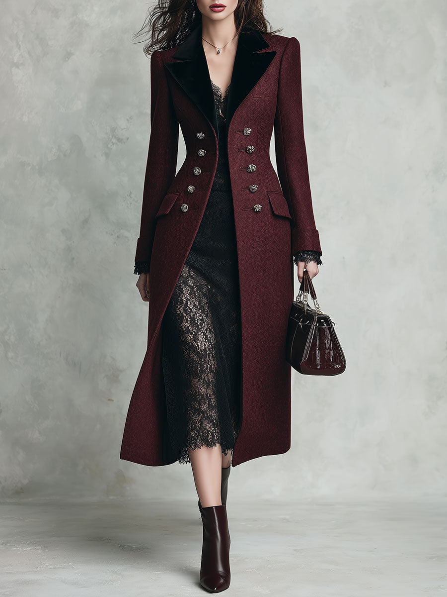 Quiet Luxury Velvet-Collar Double-Breasted Slim-Fit Mid-Length Wool Coat